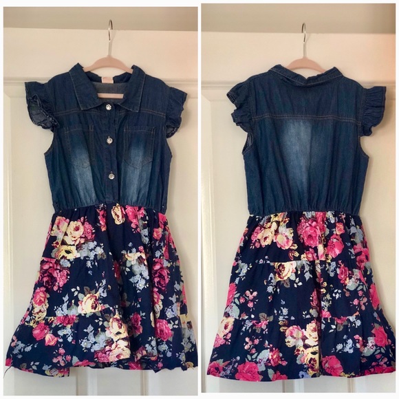 Girls Ruffled Floral Denim Dress - Picture 2 of 3